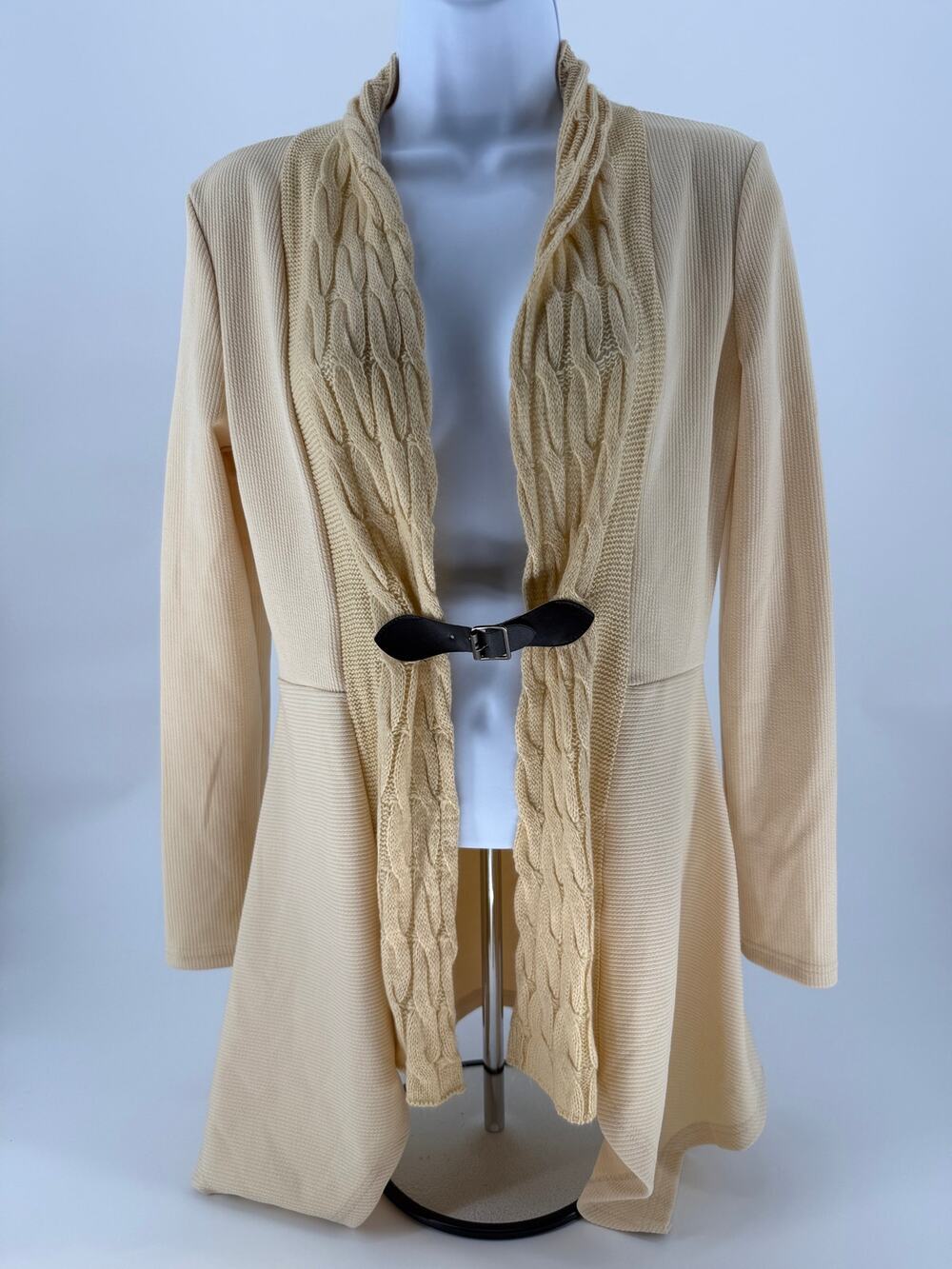 Women’s Small Cream Cable Knit Shawl Collar Buckle Open Front Waterfall Cardigan